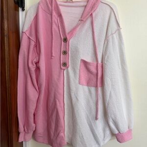 BiBi Boutique Colorblock Hoodie Womens Size Large Raw Edge Button Neck Pullover